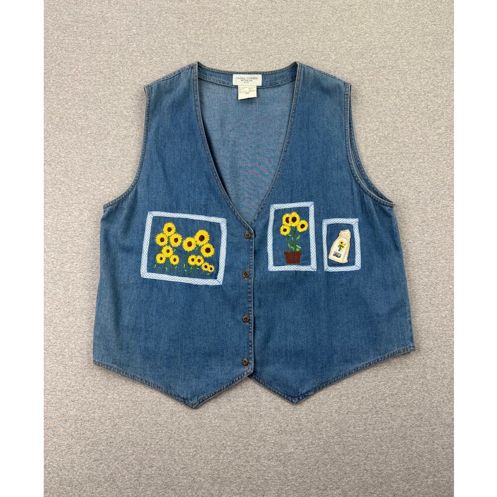 90s Vintage Sunflower Embroidered Denim Vest Womens 18 Lightweight 100% Cotton